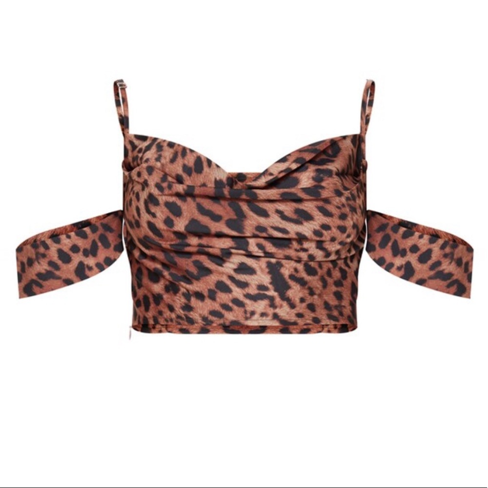 PRETTYLITTLETHING Tan Satin Leopard Print Bardot Strappy Crop Top
